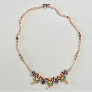 VINTAGE COLORFUL FLOWER GLASS BOHO BEADED NECKLACE